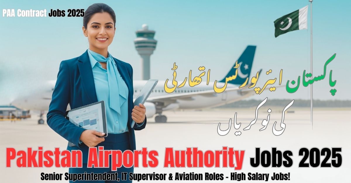 Pakistani female in formal attire standing confidently with a Pakistan flag and airplane in the background, representing airport authority jobs.