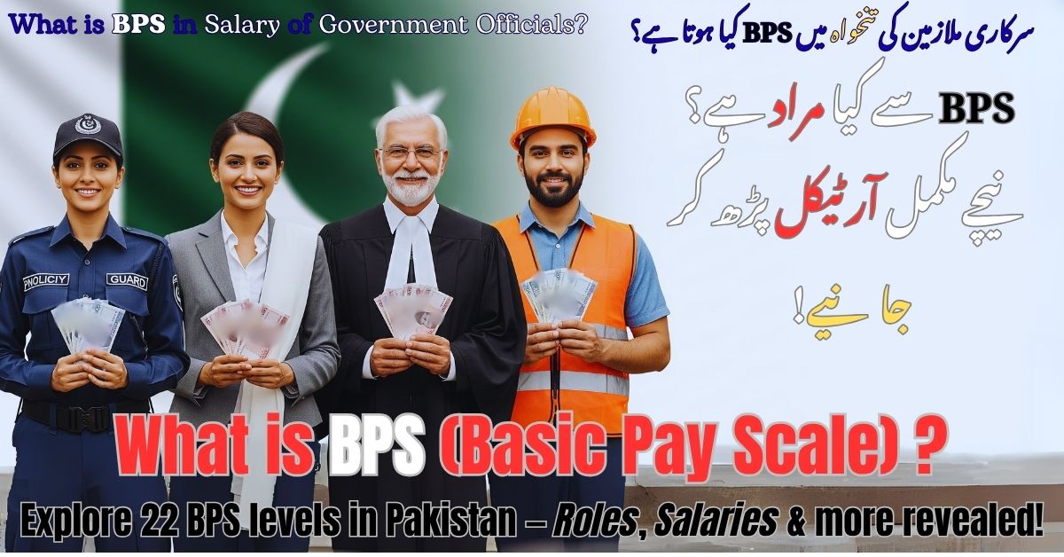 Four Pakistani government officials — a security guard, lecturer, engineer, and judge — smiling and holding money with the Pakistan flag blurred in the background. Represents various roles in BPS (Basic Pay Scale) levels from BPS-1 to BPS-22.